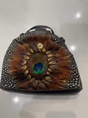 Comeco Peacock Leather Embellished Mini Handbag - Brown with Peacock Accent